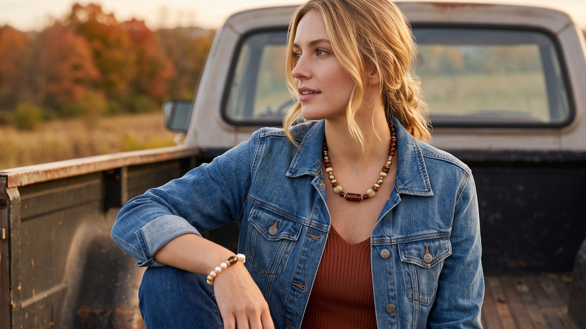 A woman sits in the bed of a pickup truck outdoors, wearing a blue denim jacket over a rust-colored top, with a chunky brown beaded necklace and bracelet. The background shows a blurred field and autumn trees at sunset.