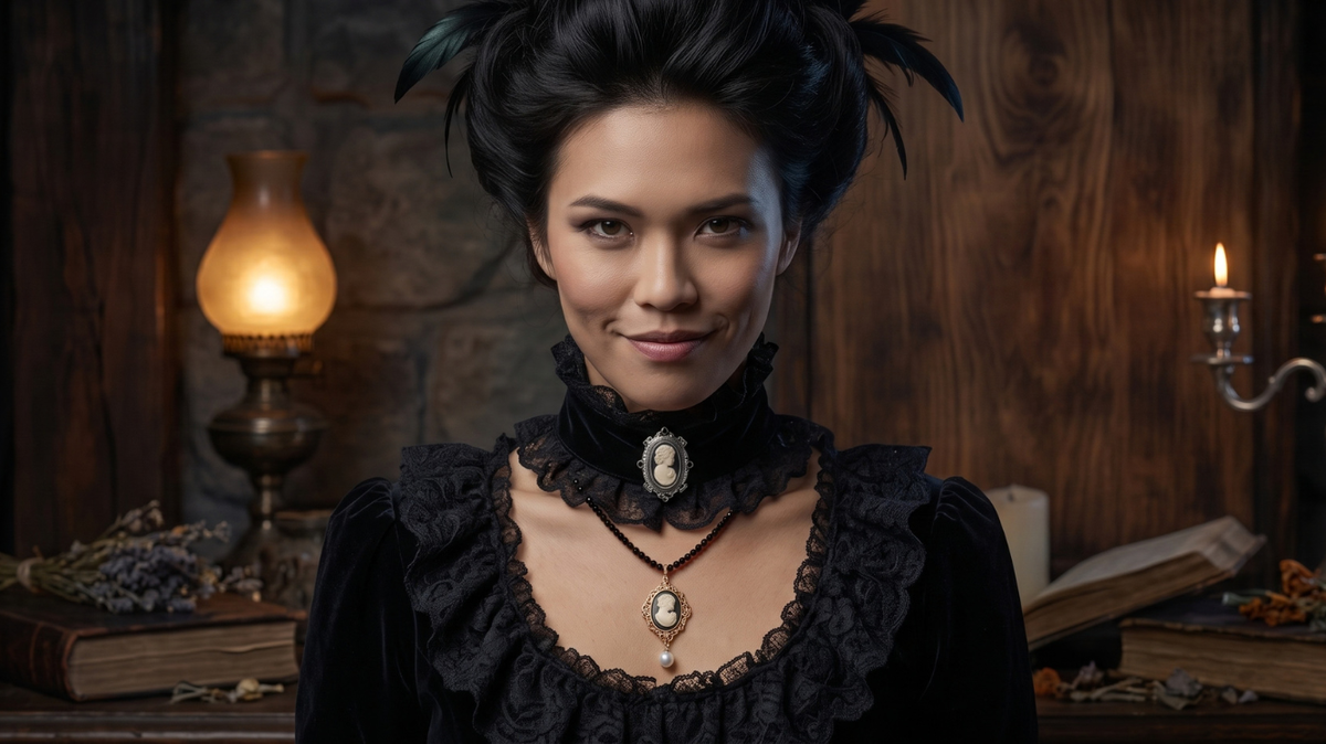 A woman is dressed as a vintage era witch for Halloween as she is wearing a black and ivory cameo brooch on her collar and a beaded faux pearl cameo drop pendant necklace.