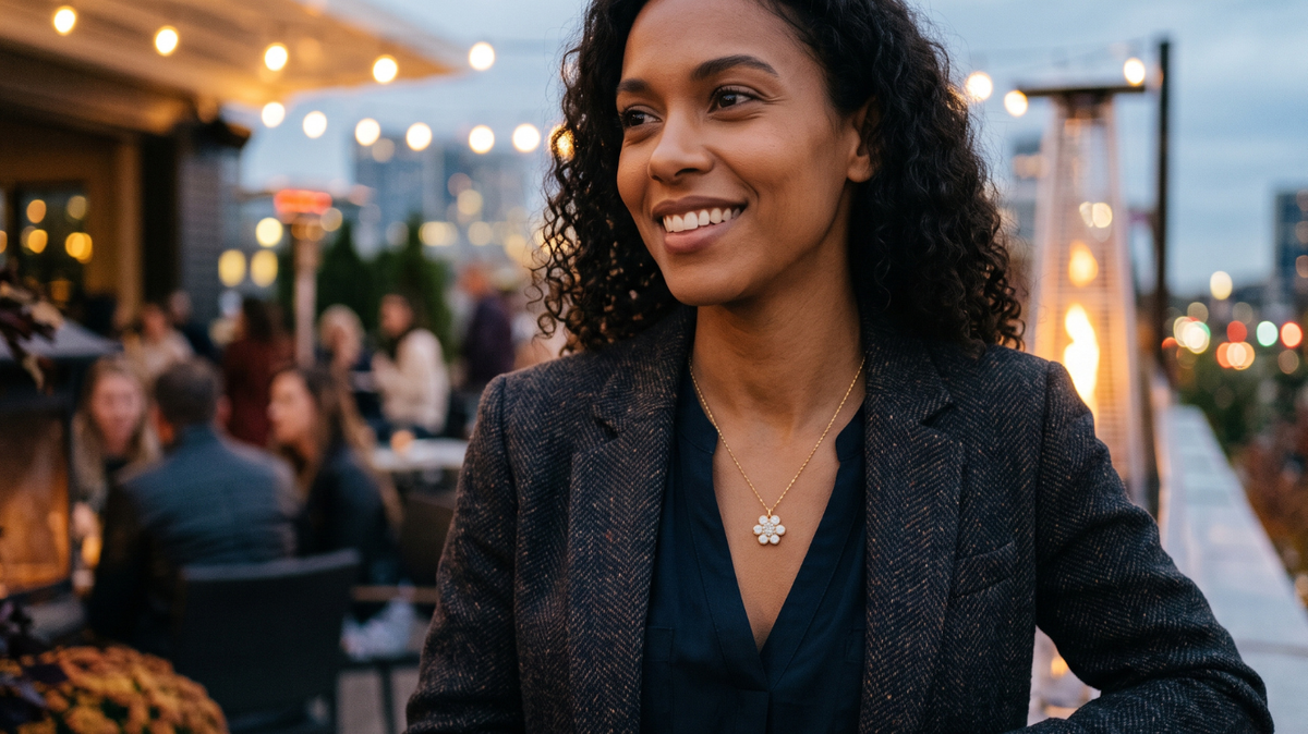 A smiling woman with curly dark hair stands on a rooftop patio at dusk, wearing a dark textured blazer over a dark top and a small floral opal radiance pendant necklace.