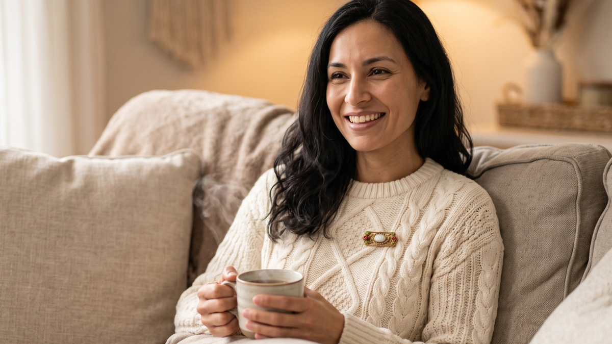 Woman in a comfy knitted sweater sitting on the couch with a cup of coffee and a pearl and gold tone brooch pin.