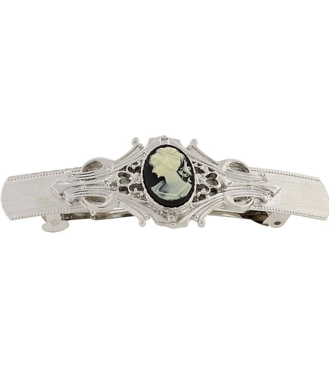 1928 Jewelry Black And Ivory Cameo Oval Bar Hair Barrette