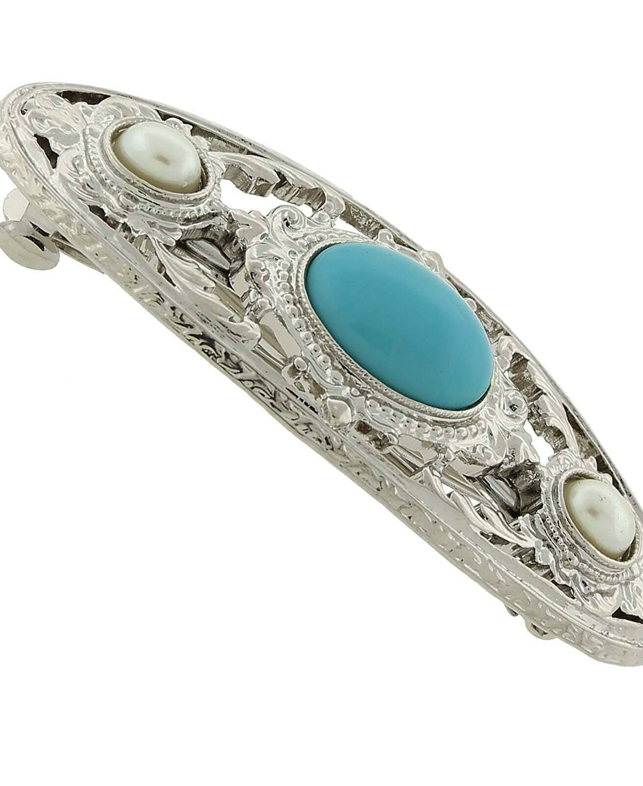 1928 Jewelry Turquoise Color And Faux Pearl Stone Hair Barrette