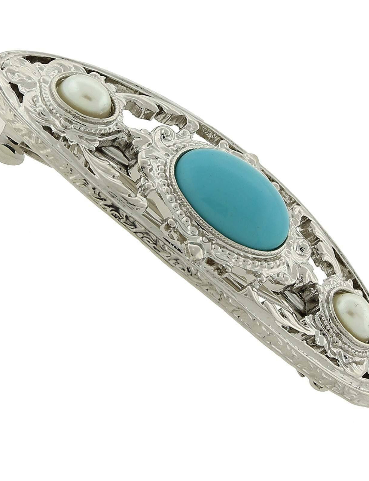 1928 Jewelry Turquoise Color And Faux Pearl Stone Hair Barrette