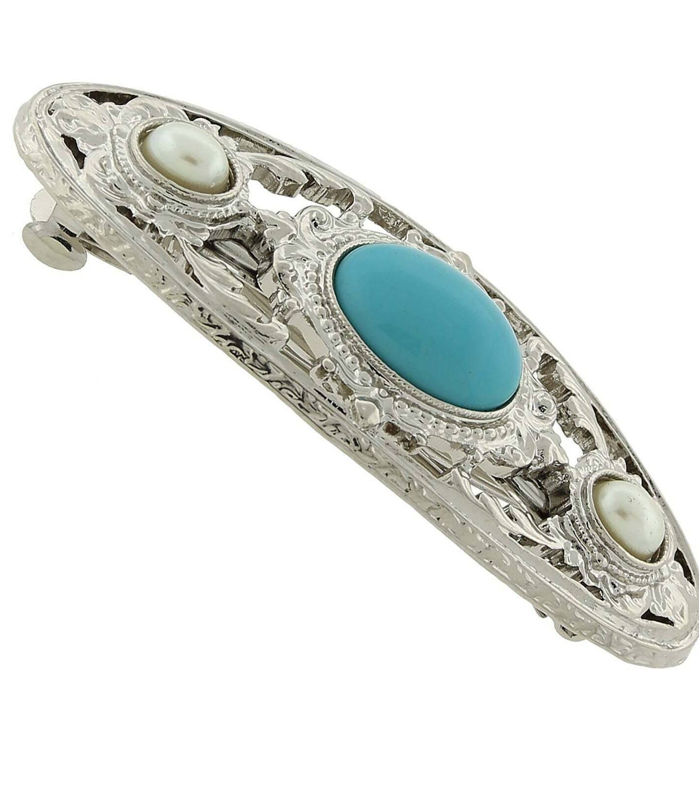 1928 Jewelry Turquoise Color And Faux Pearl Stone Hair Barrette