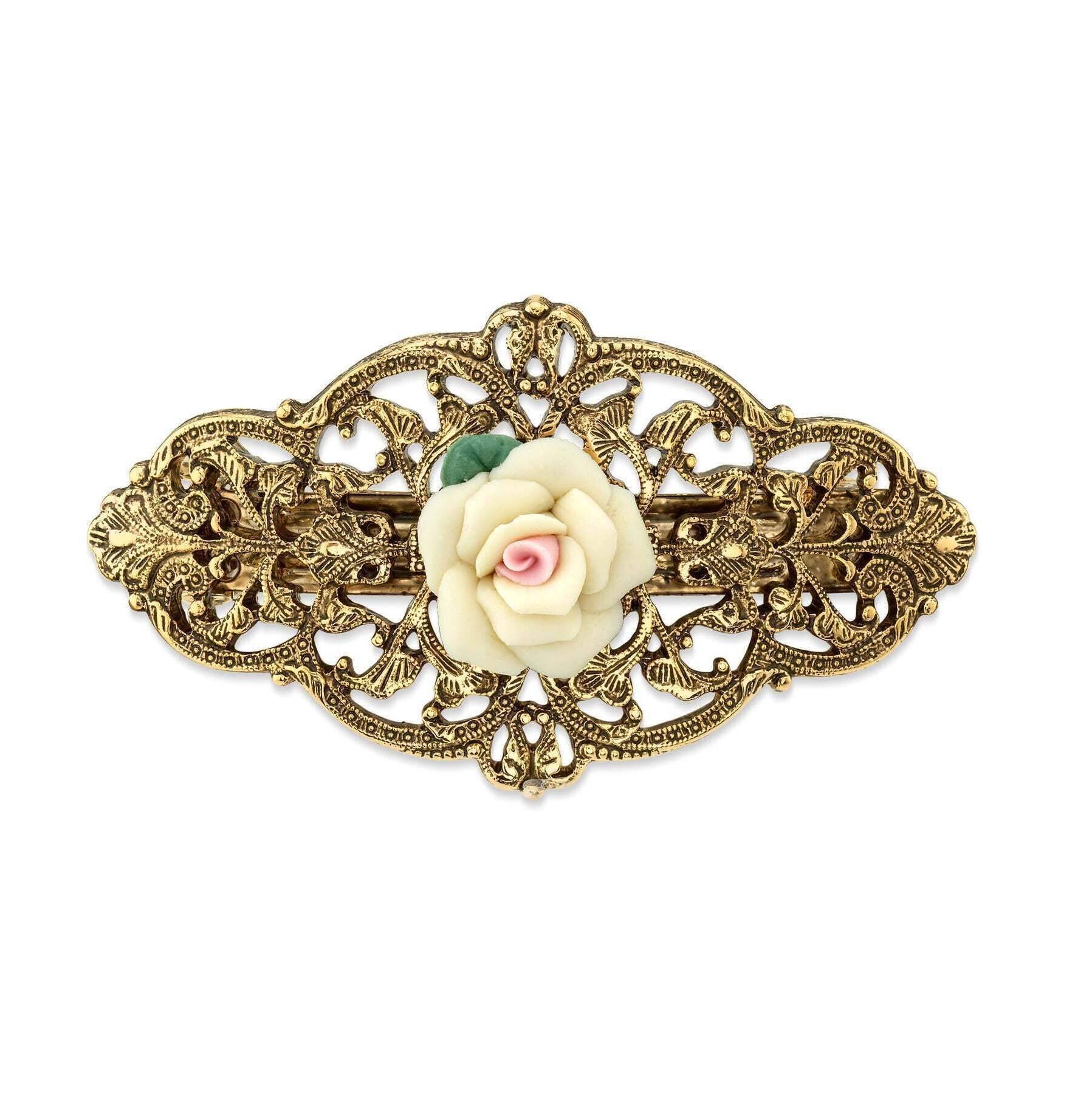 1928 Jewelry Porcelain Rose Filigree Hair Barrette