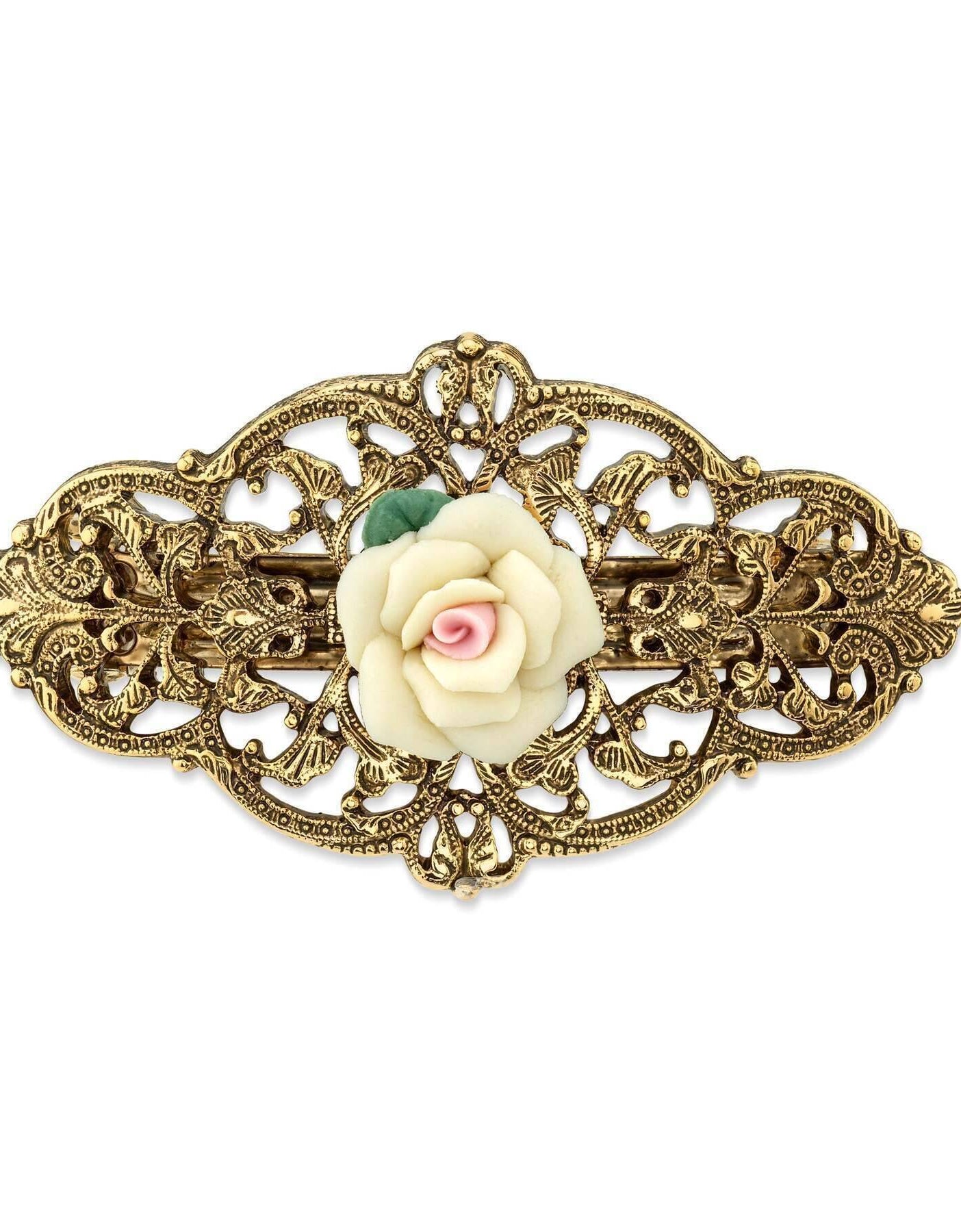 1928 Jewelry Porcelain Rose Filigree Hair Barrette