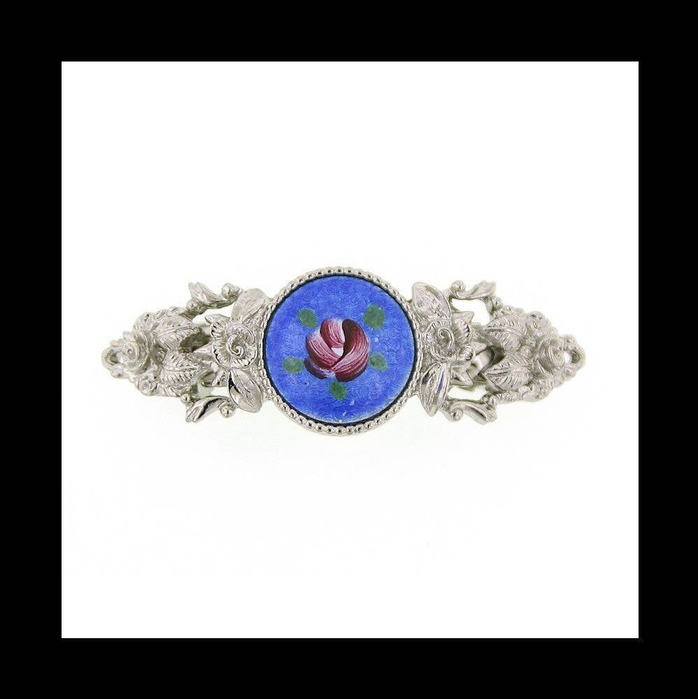 1928 Jewelry Round Blue Color And Pink Flower Decal Hair Barrette