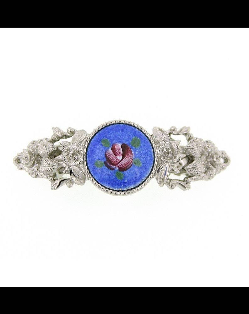 1928 Jewelry Round Blue Color And Pink Flower Decal Hair Barrette
