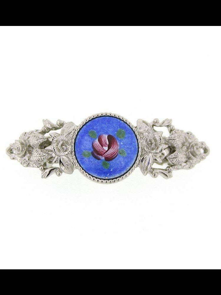 1928 Jewelry Round Blue Color And Pink Flower Decal Hair Barrette