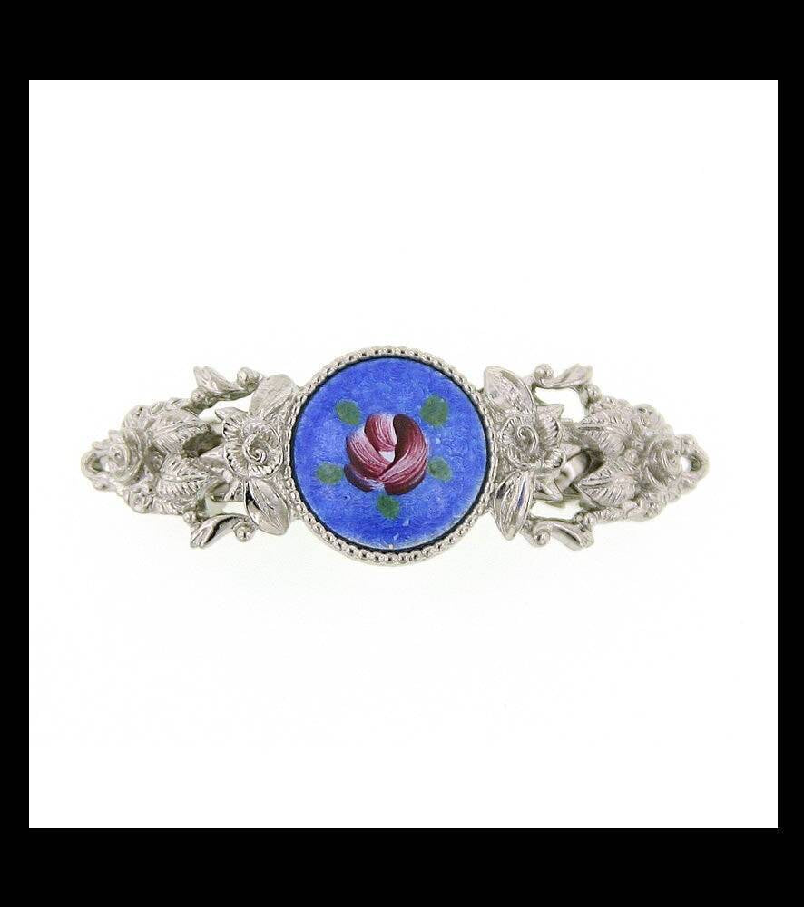 1928 Jewelry Round Blue Color And Pink Flower Decal Hair Barrette