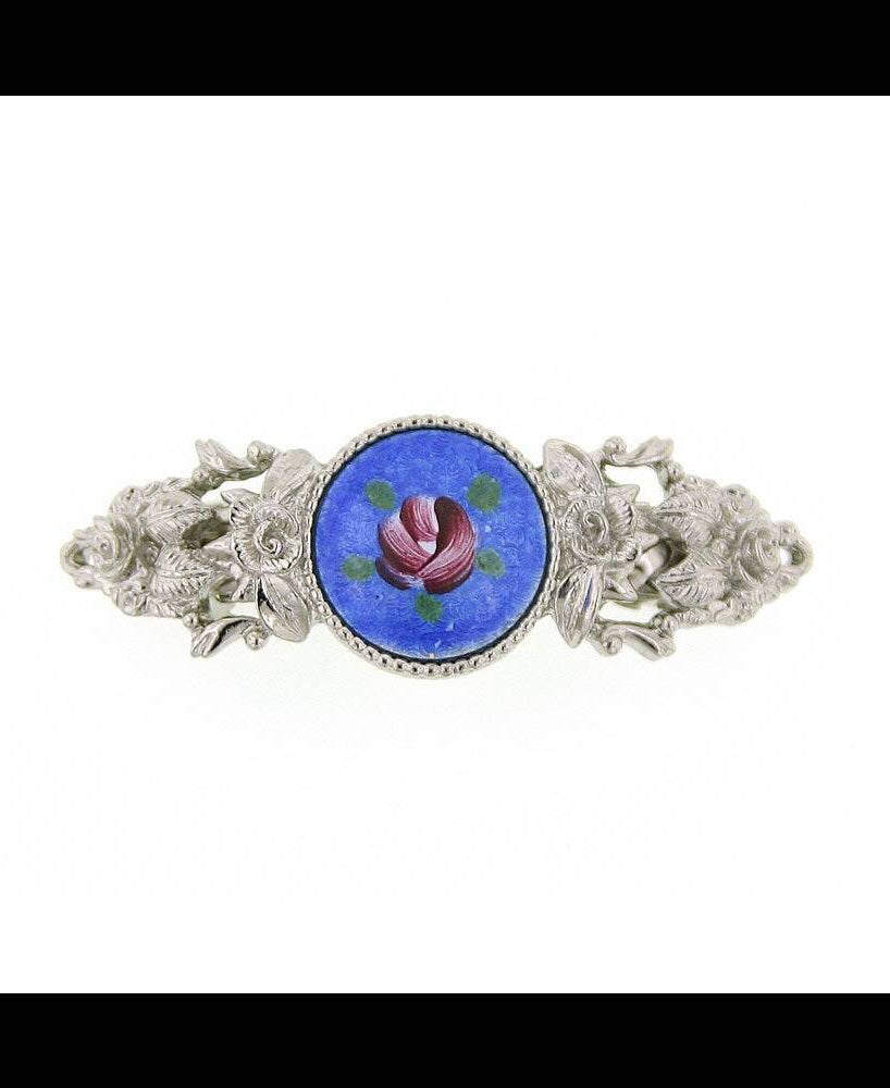 1928 Jewelry Round Blue Color And Pink Flower Decal Hair Barrette