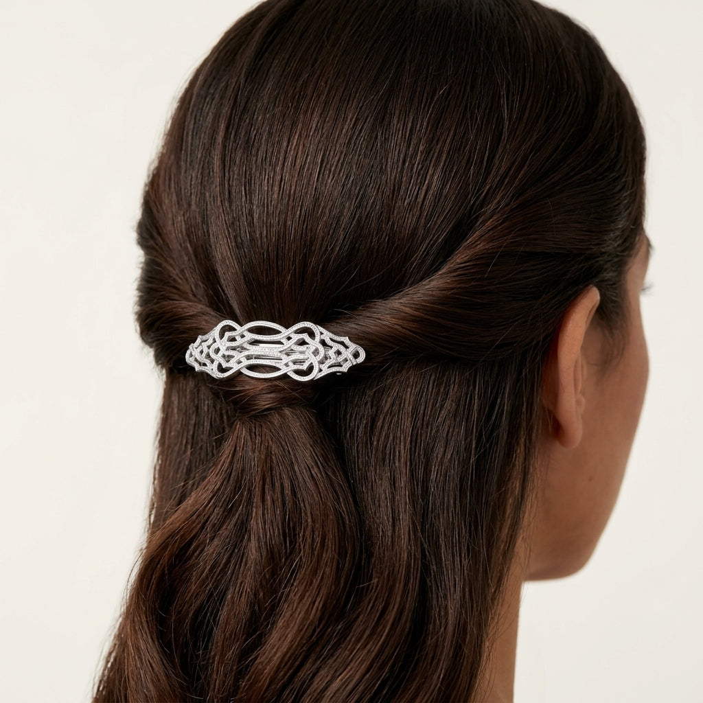 Woman in dark hair wearing a Filigree Art Deco Inspired Hair Barrette