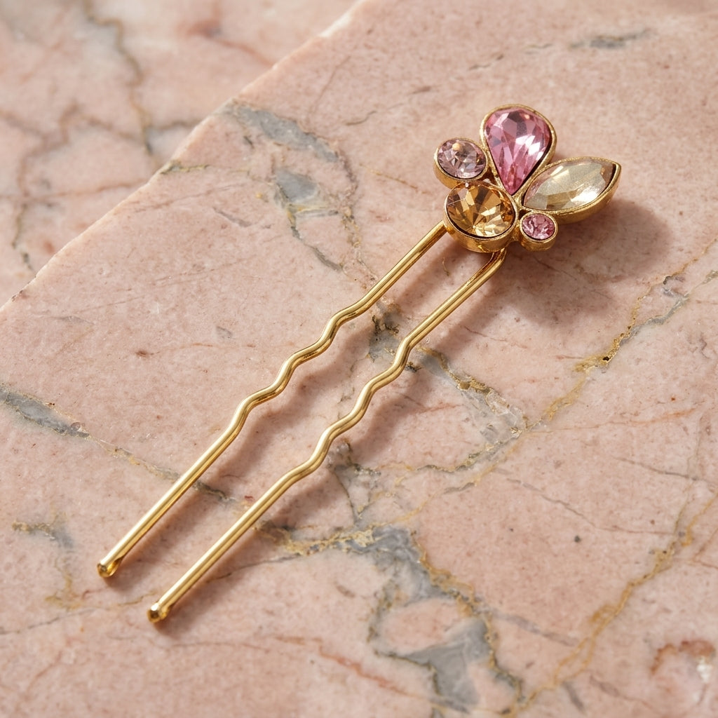 Multi Color Austrian Crystal Single Hair Pin on a marble surface