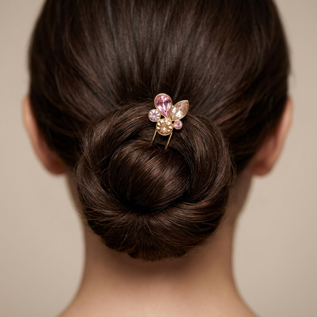 Close-up of a hair bun with a Multi Color Austrian Crystal Single Hair Pin