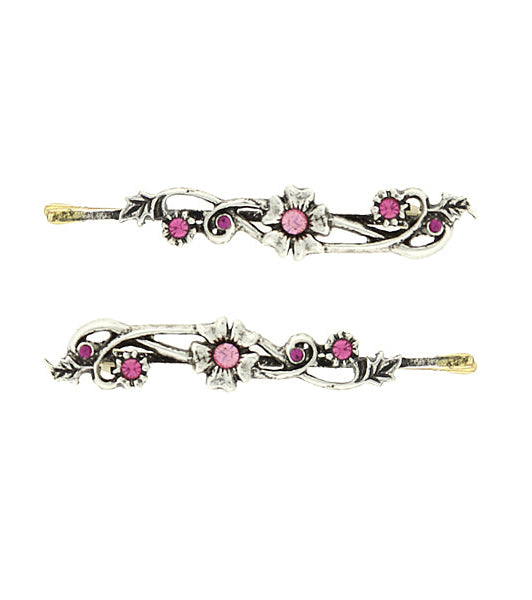 1928 Jewelry Fucshia & Rose Crystal Flower Hair Bobby Pins