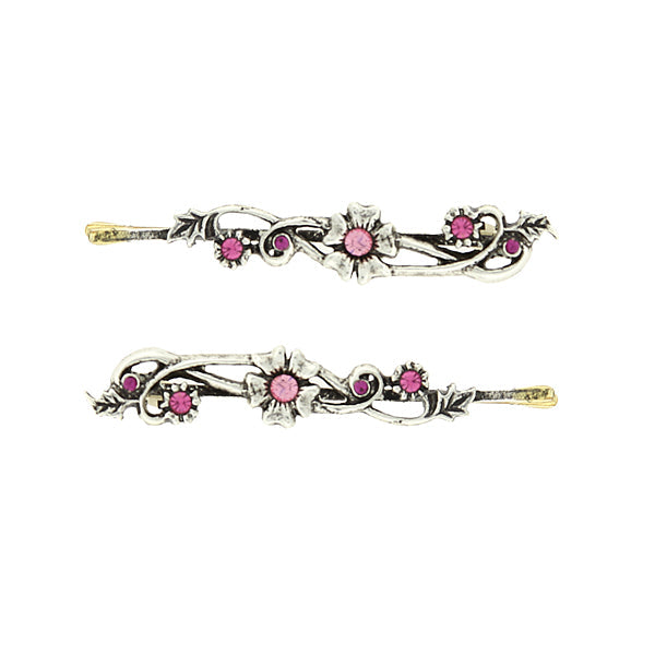 1928 Jewelry Fucshia & Rose Crystal Flower Hair Bobby Pins