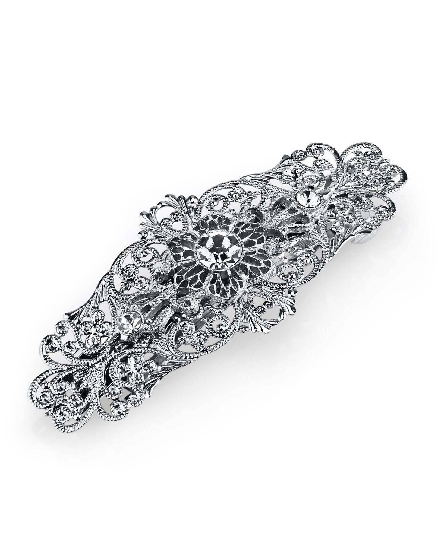 1928 Bridal Opulent Filigree Round Crystal Bar Hair Barrette