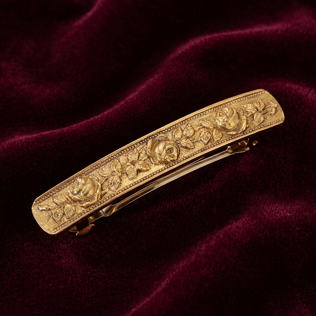 Rose Garden Hair Barrette on a maroon velvet background