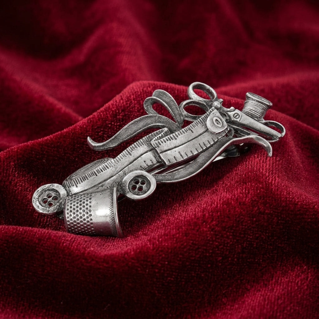 Silver tone Seamstress Essentials Hair Barrette on a red fabric background