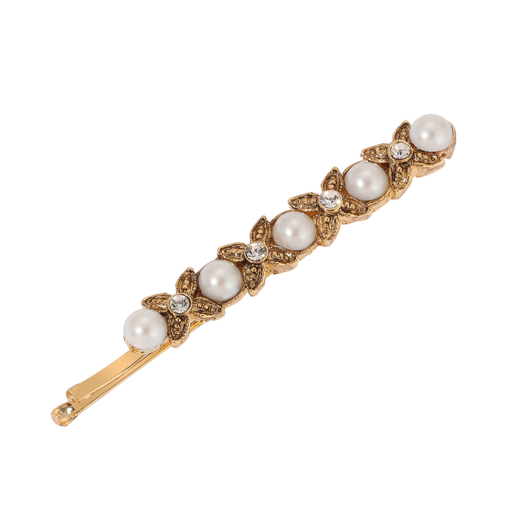 1928 Jewelry Clear Crystal Flower & Faux Pearl Bobby Pin