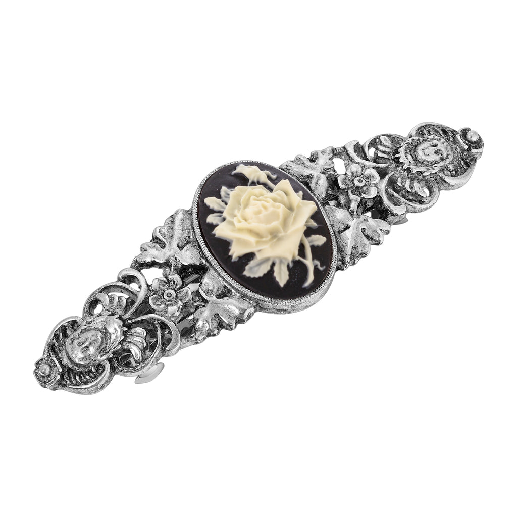 Black 1928 Jewelry Ivory White Flower Cameo Hair Barrette