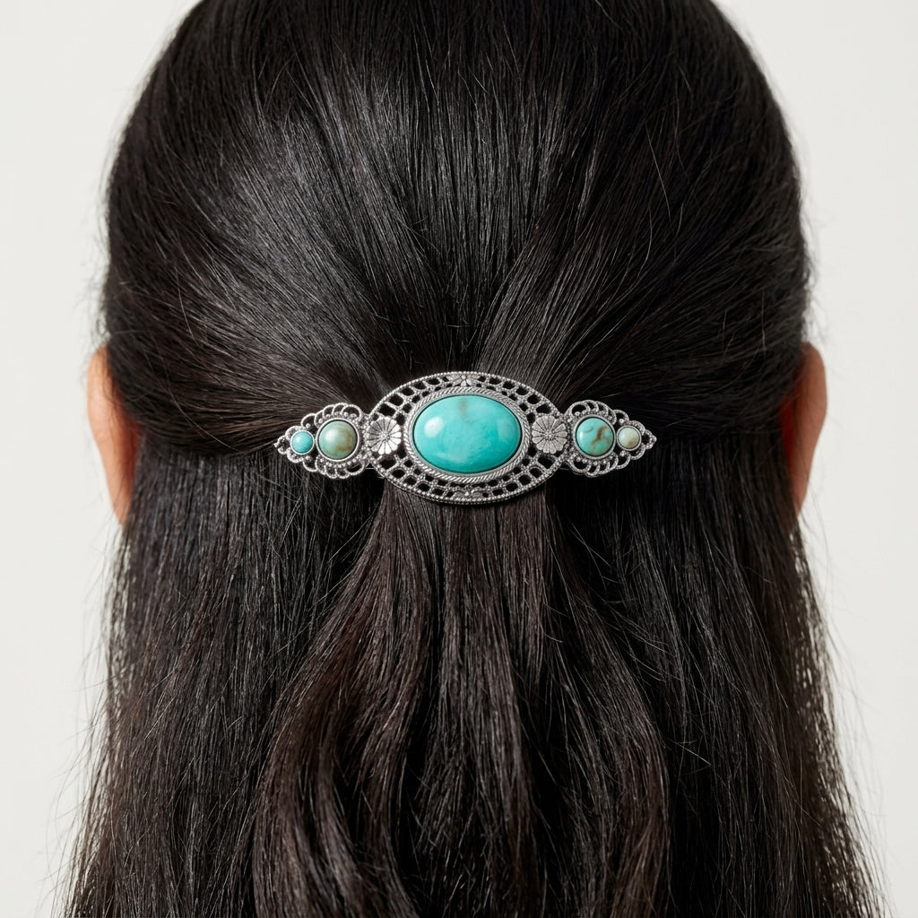 Woman with dark hair wearing Turquoise Stone Floral Hair Barrette