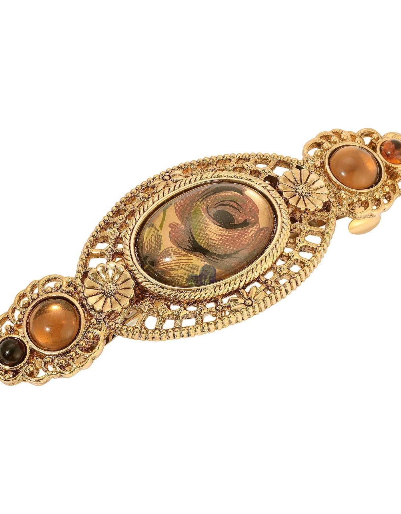 1928 Jewelry Pink Rose Decal Round Stone Floral Hair Barrette