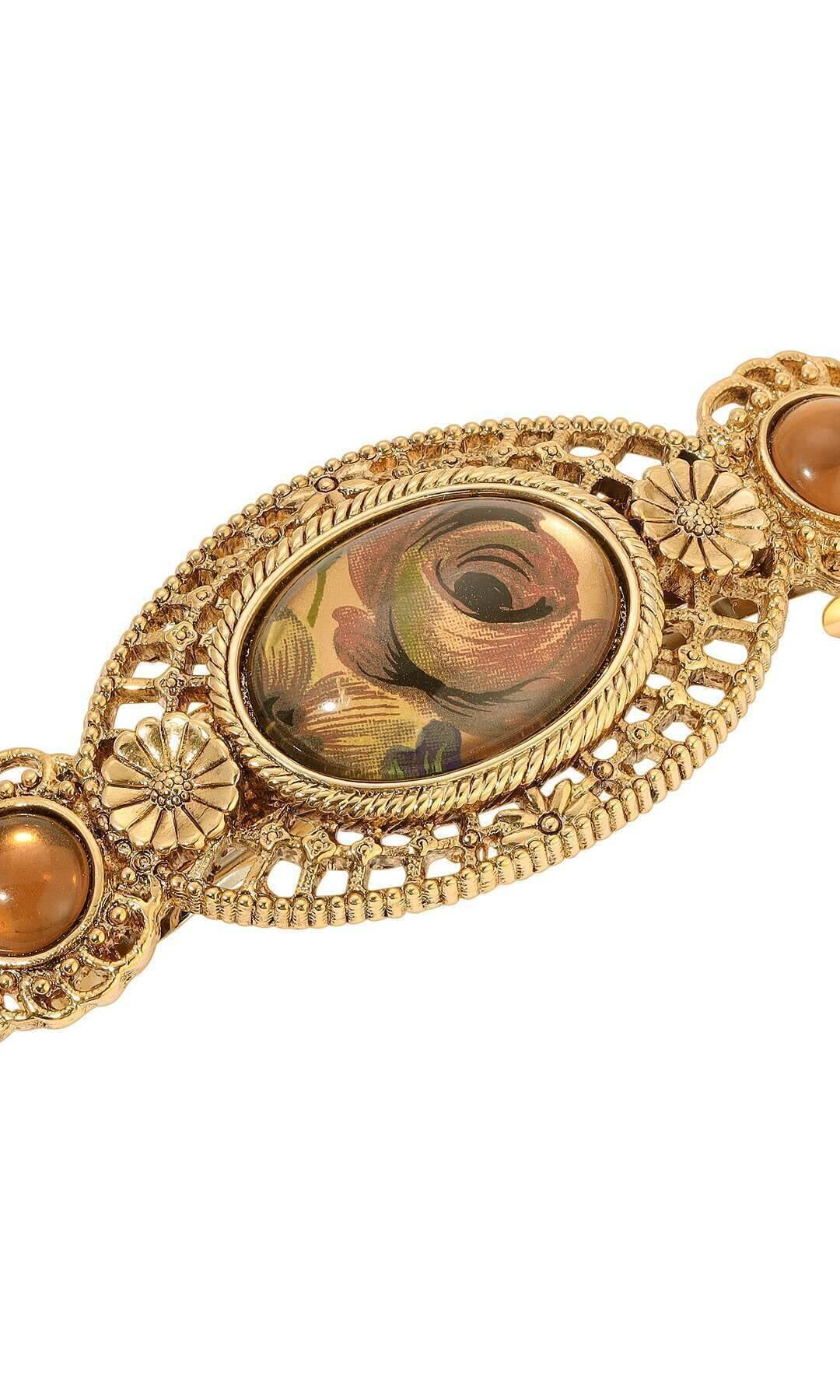 1928 Jewelry Pink Rose Decal Round Stone Floral Hair Barrette