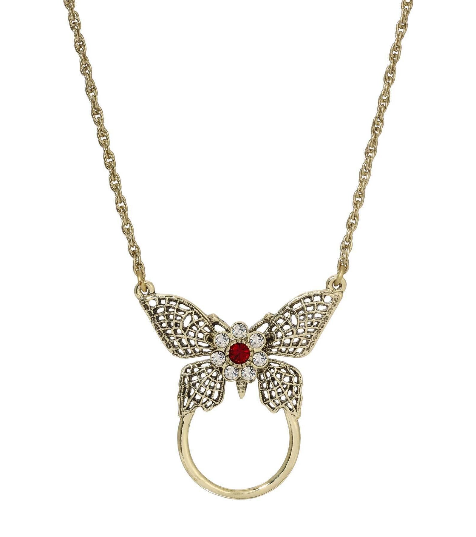 1928 Jewelry Butterfly Red And Crystal Badge & Eyeglass Holder Chain Necklace 28