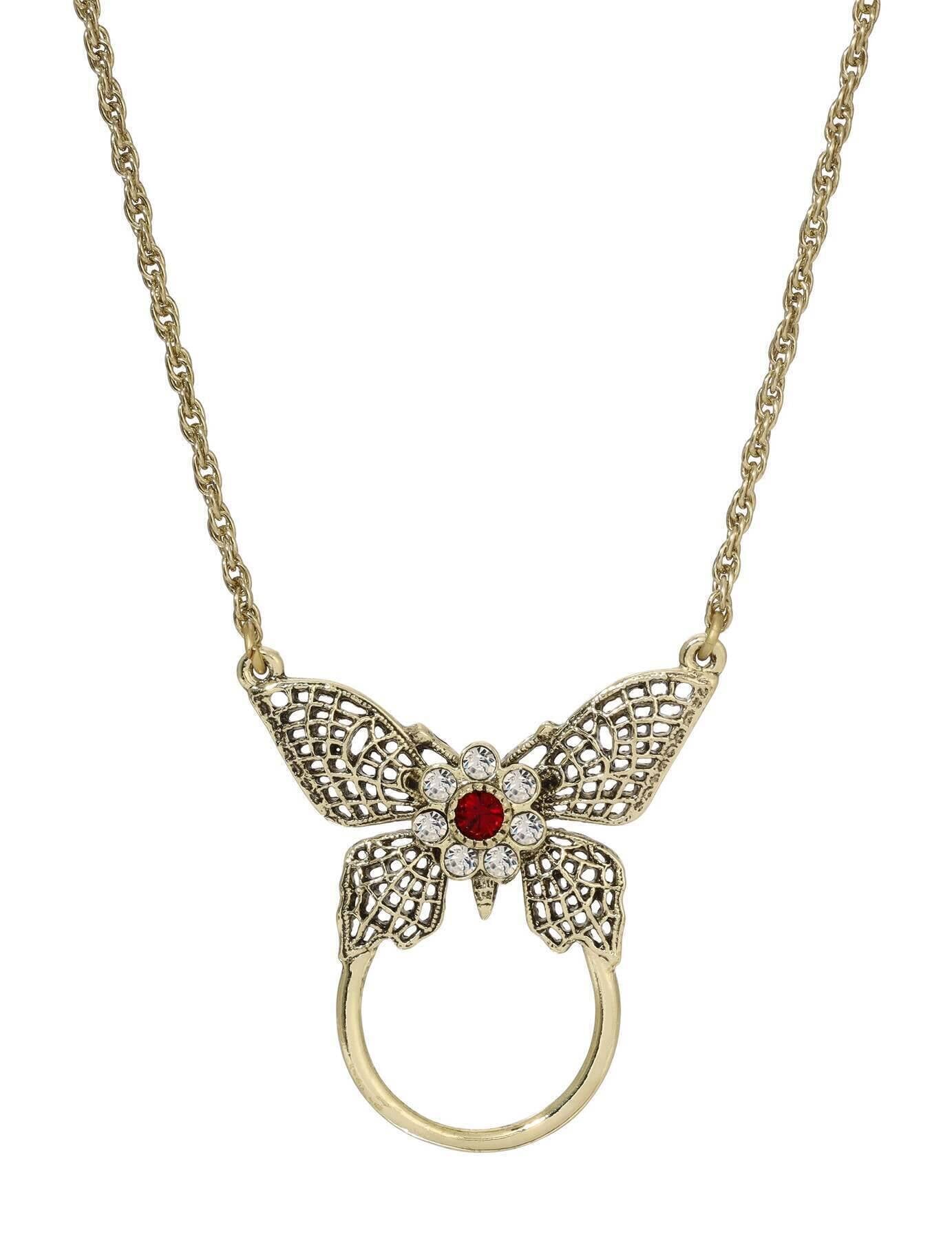 1928 Jewelry Butterfly Red And Crystal Badge & Eyeglass Holder Chain Necklace 28