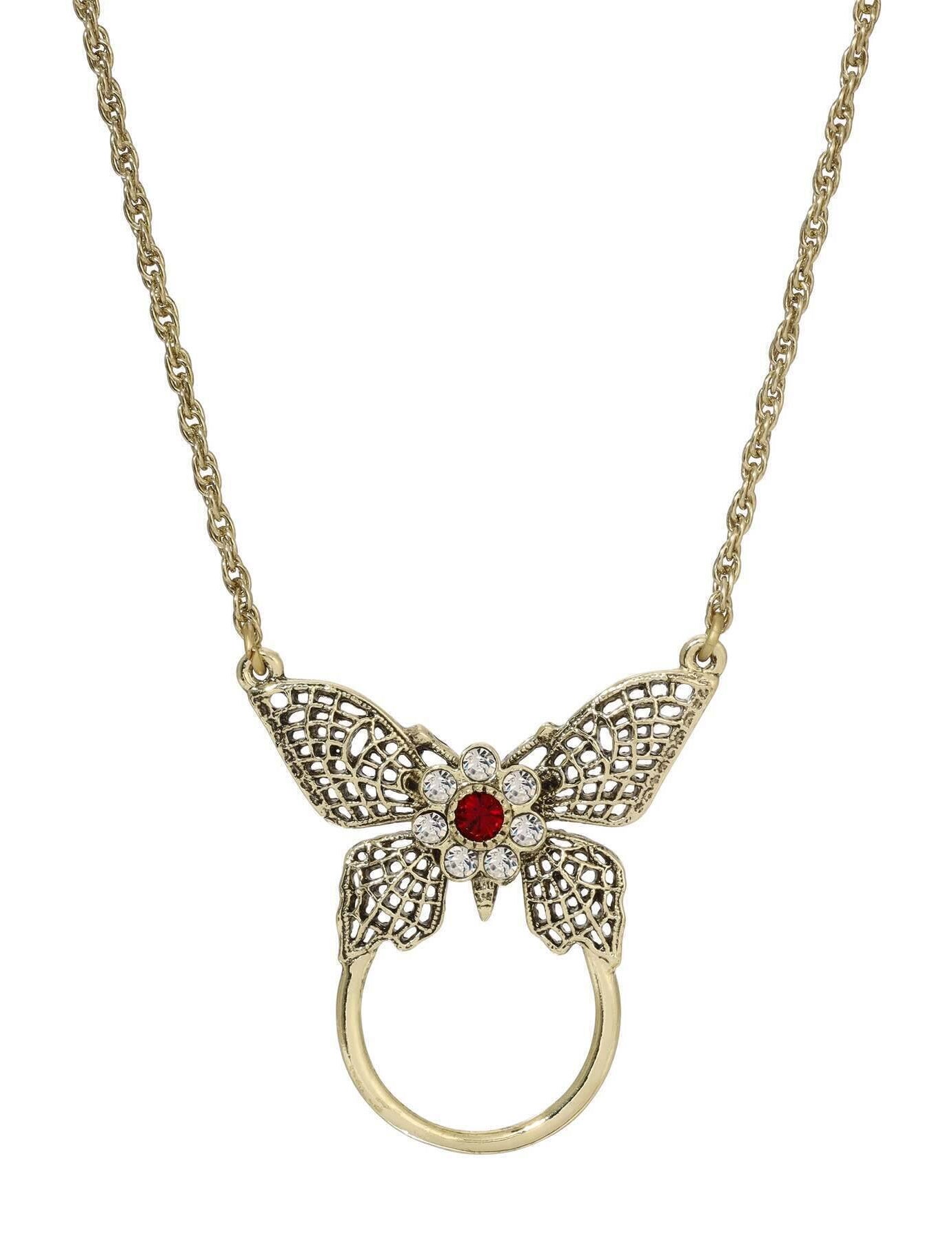 1928 Jewelry Butterfly Red And Crystal Badge & Eyeglass Holder Chain Necklace 28