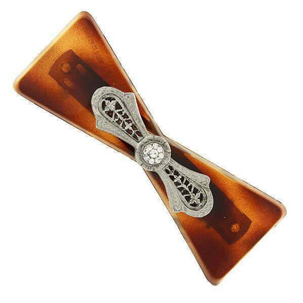 1928 Jewelry Brown Tortoise Filigree And Crystal Accent Hair Barrette
