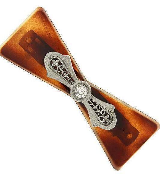 1928 Jewelry Brown Tortoise Filigree And Crystal Accent Hair Barrette