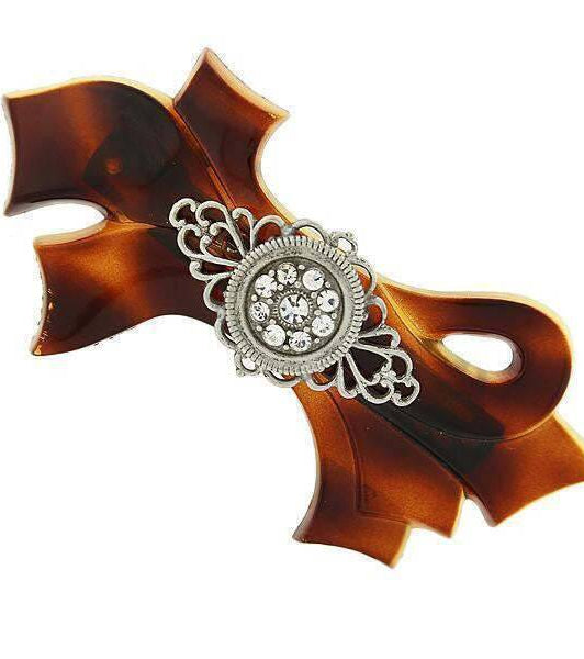 1928 Jewelry Brown Tortoise With Filigree And Crystal Accent Bow Hair Barrette