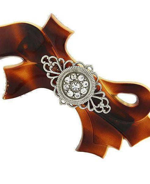 1928 Jewelry Brown Tortoise With Filigree And Crystal Accent Bow Hair Barrette