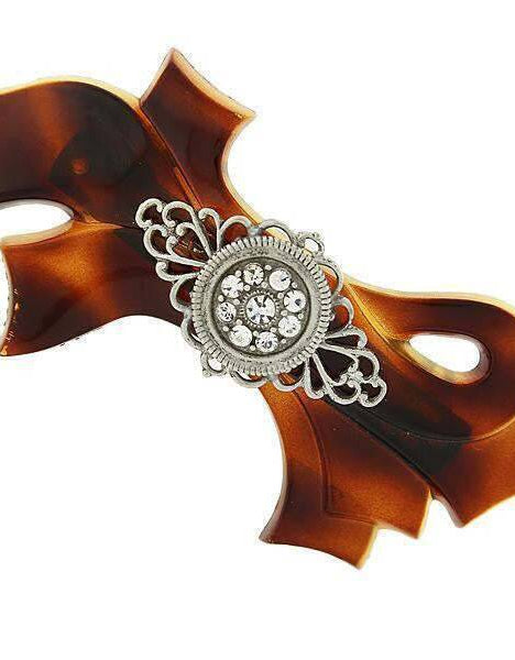 1928 Jewelry Brown Tortoise With Filigree And Crystal Accent Bow Hair Barrette