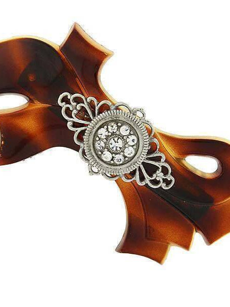 1928 Jewelry Brown Tortoise With Filigree And Crystal Accent Bow Hair Barrette