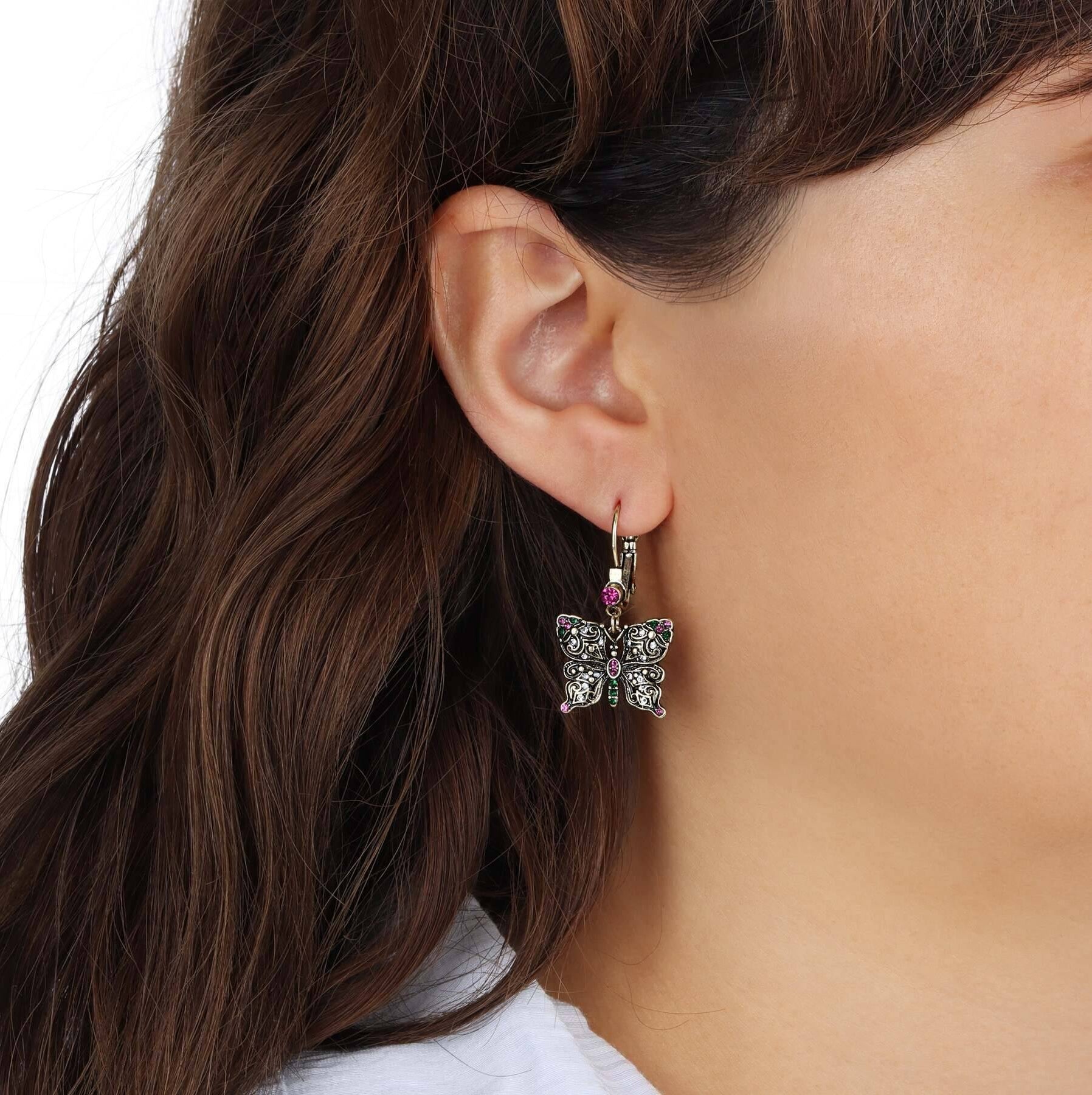 Regency Antiqued Butterfly Multi Color Crystals Drop Earrings