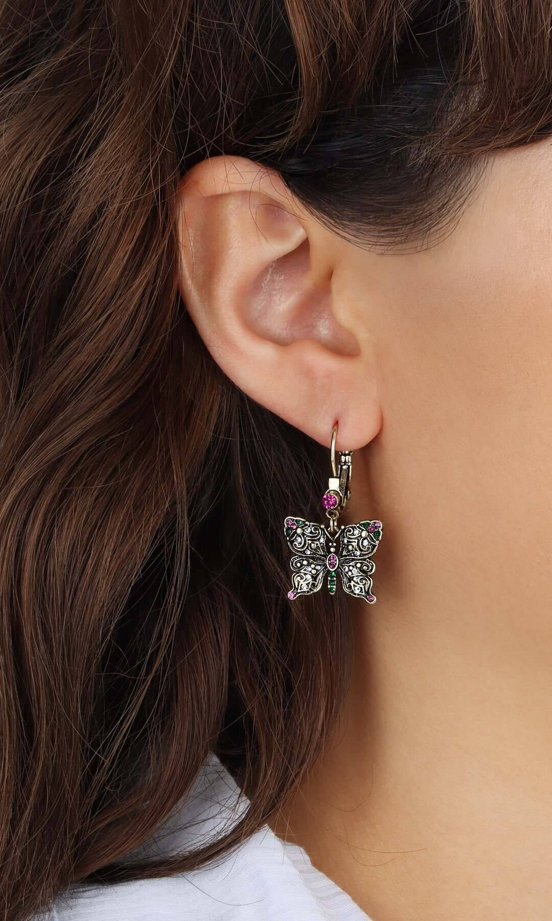 Regency Antiqued Butterfly Multi Color Crystals Drop Earrings
