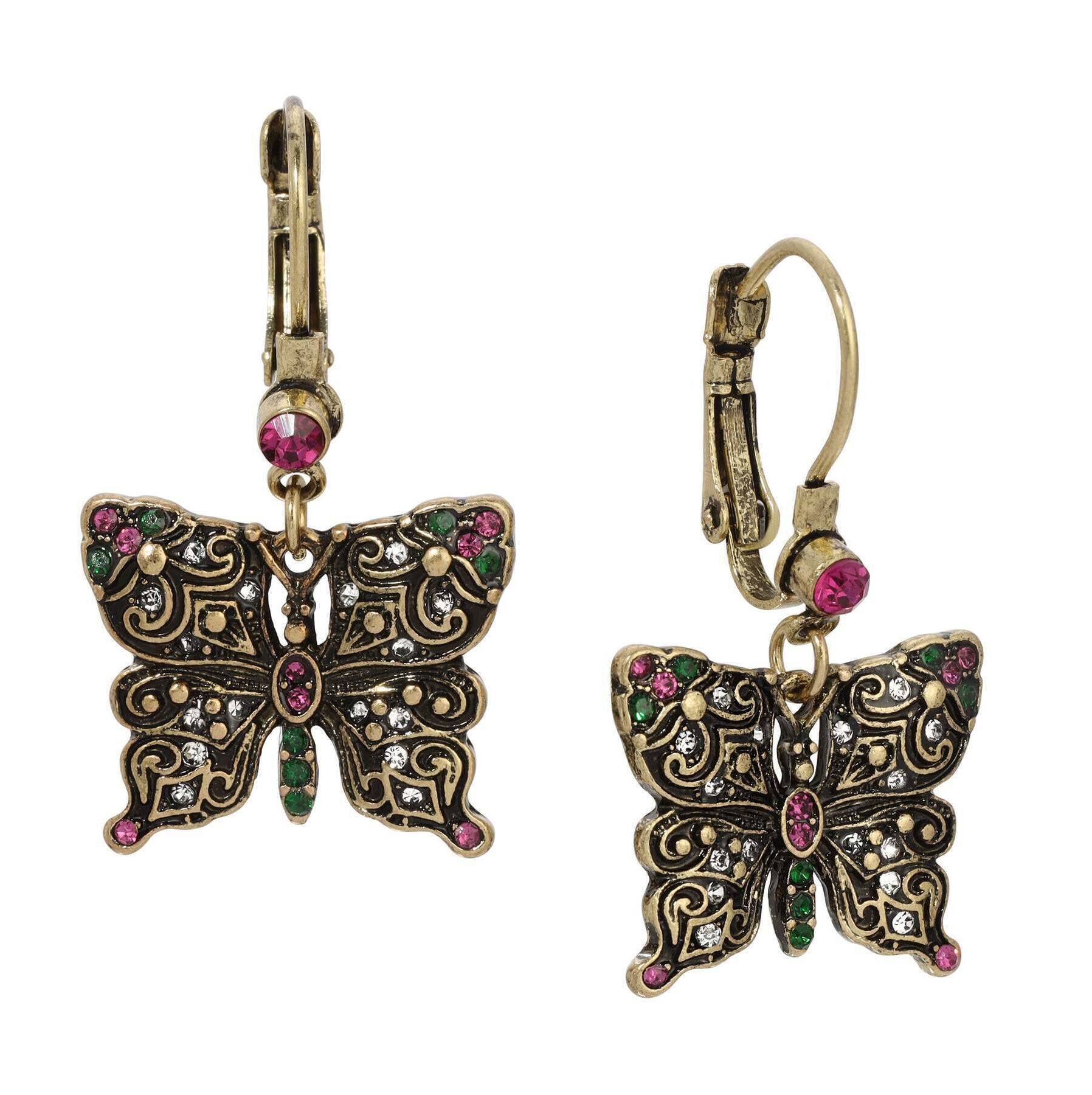 Regency Antiqued Butterfly Multi Color Crystals Drop Earrings