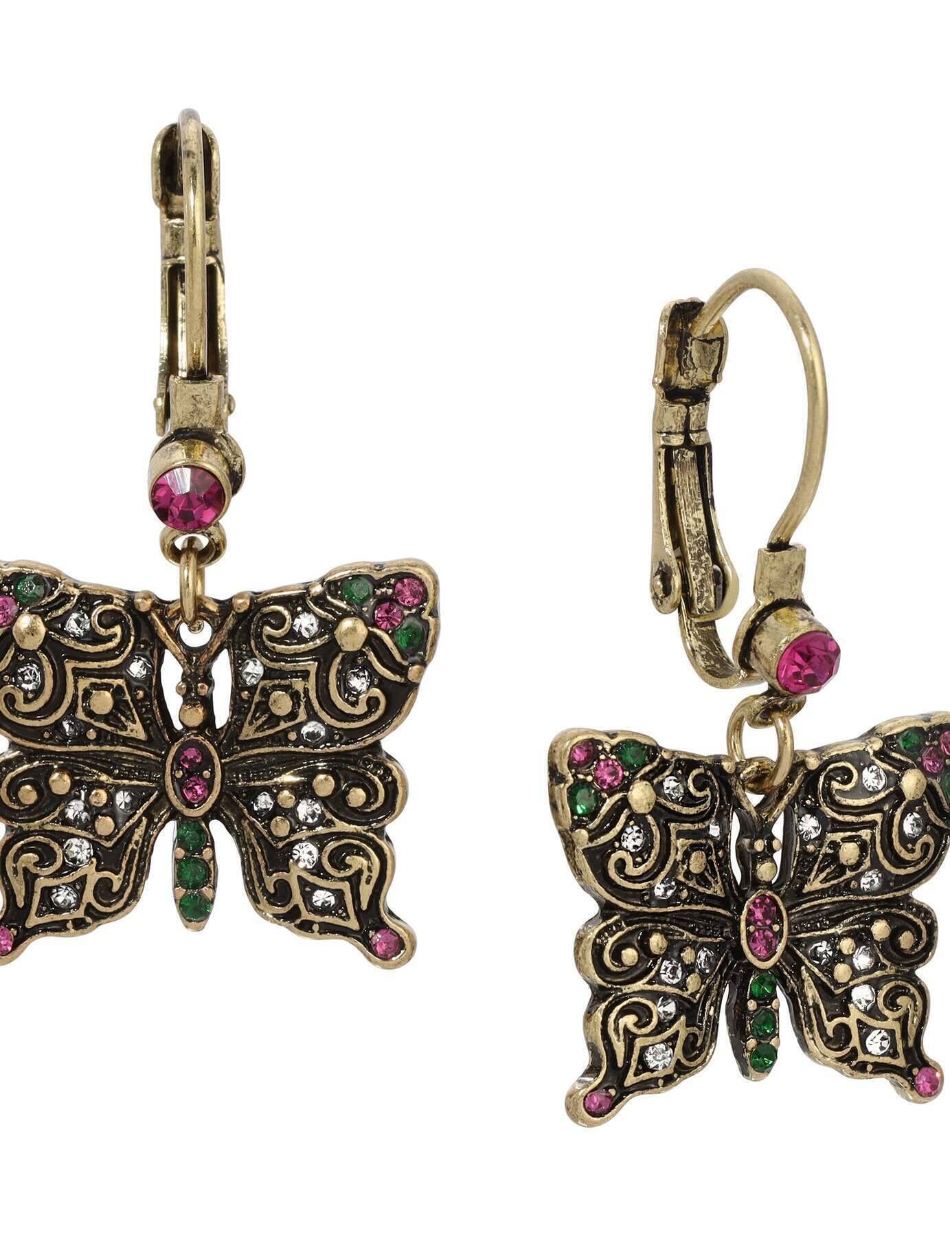 Regency Antiqued Butterfly Multi Color Crystals Drop Earrings