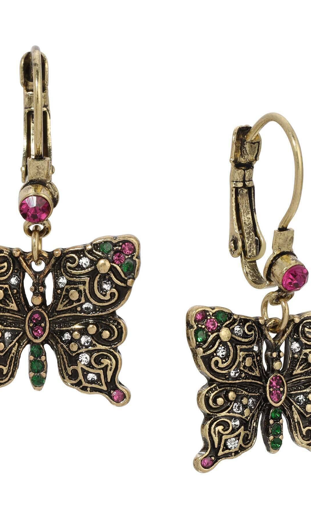 Regency Antiqued Butterfly Multi Color Crystals Drop Earrings