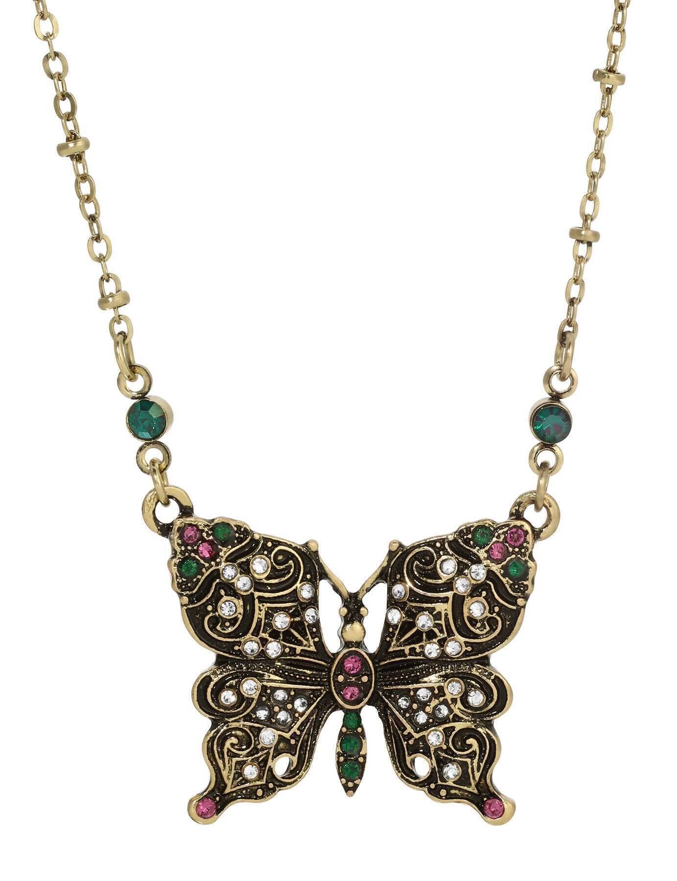 Regency Antiqued Butterfly Multi Color Crystals Pendant Necklace 16" + 3" Extension