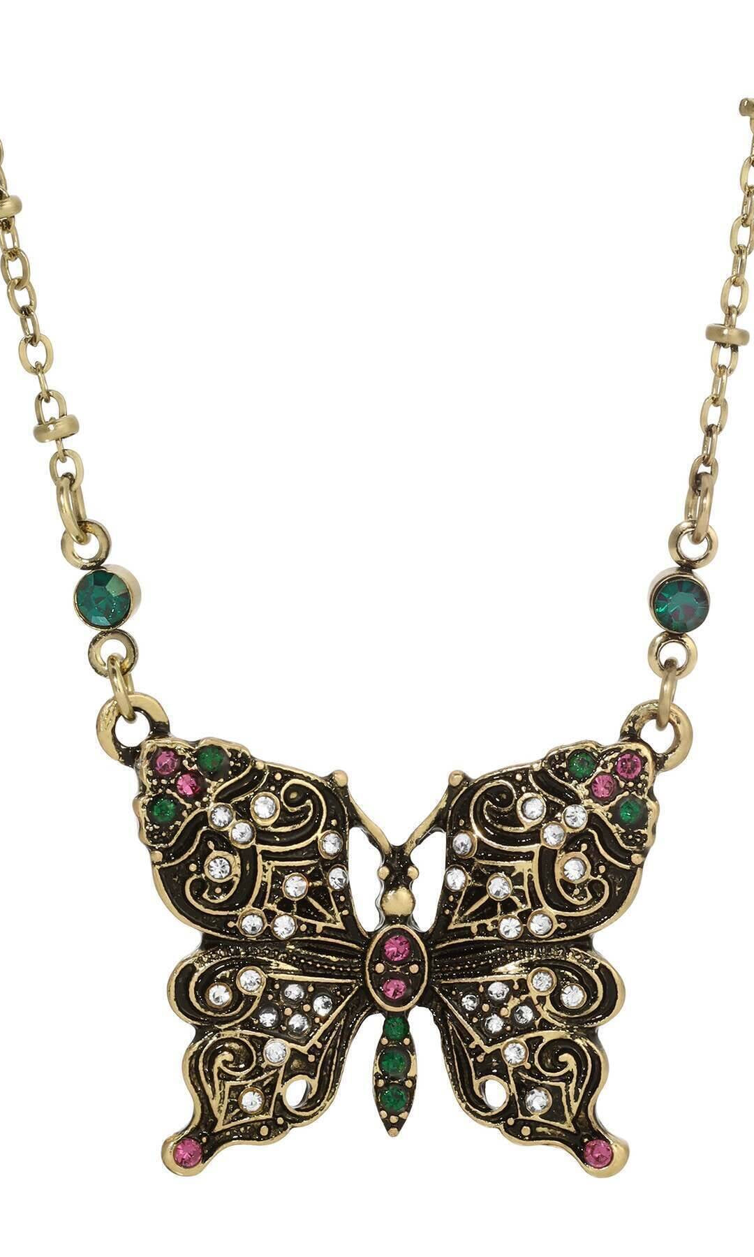 Regency Antiqued Butterfly Multi Color Crystals Pendant Necklace 16" + 3" Extension