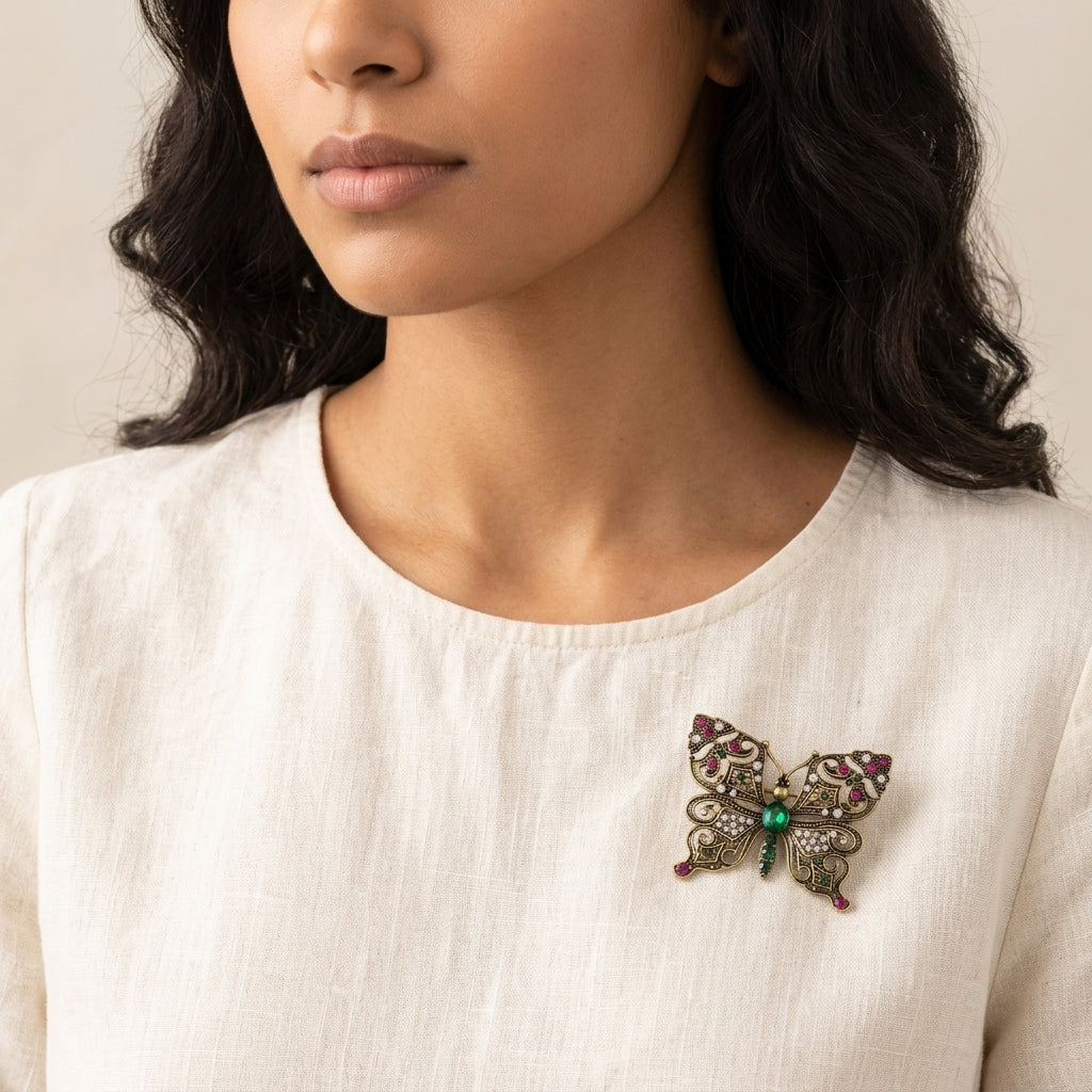 Woman in a white top wearing a Green & Fuchsia Crystals Butterfly Brooch