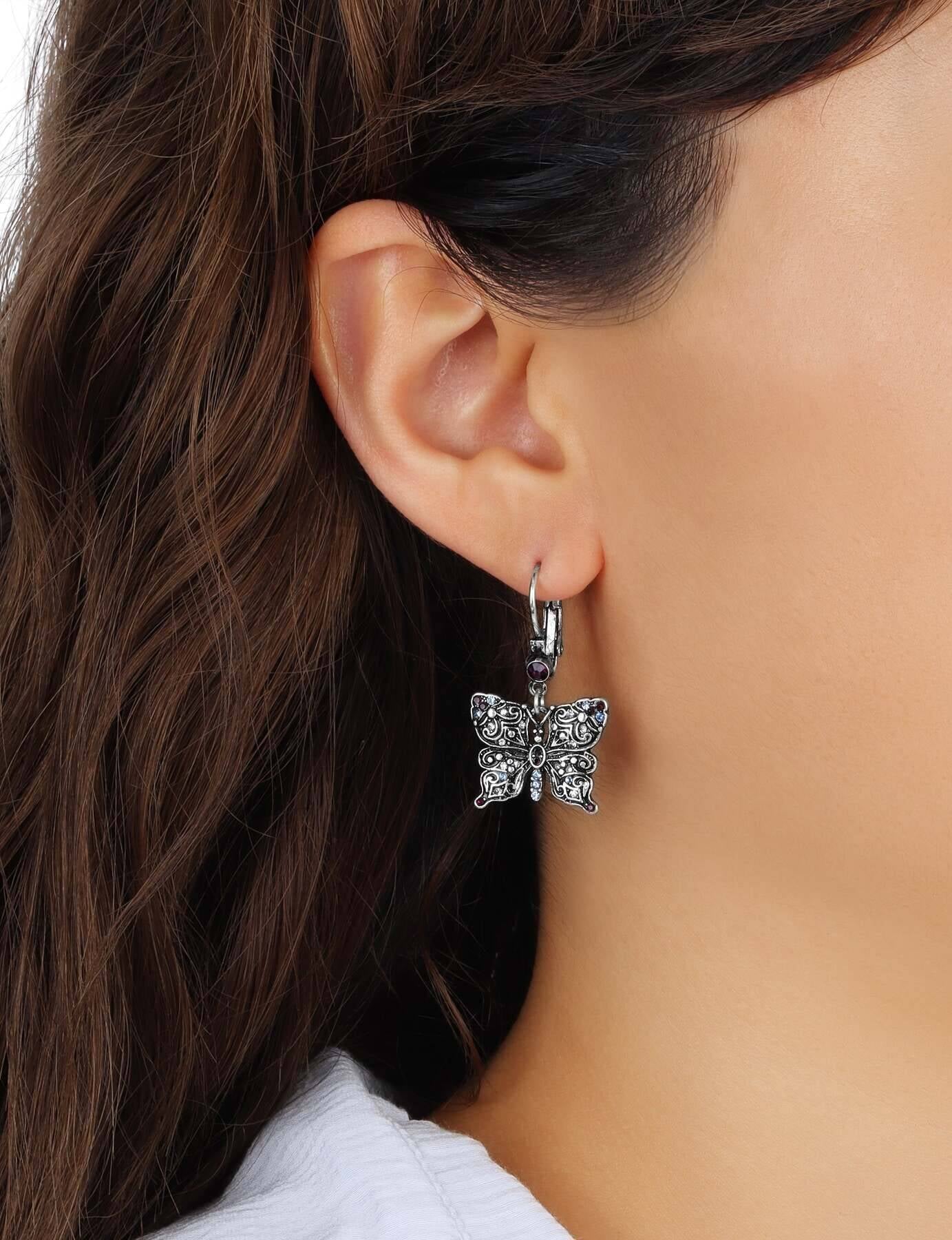 Regency Antiqued Butterfly Multi Color Crystals Drop Earrings