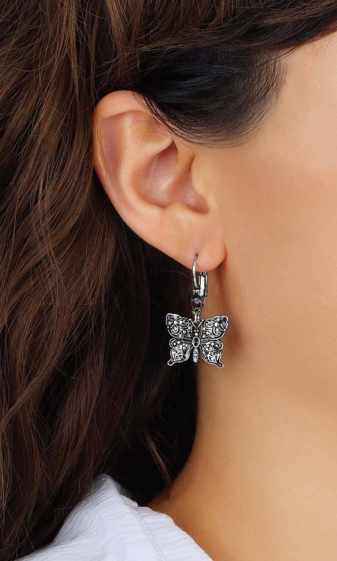 Regency Antiqued Butterfly Multi Color Crystals Drop Earrings