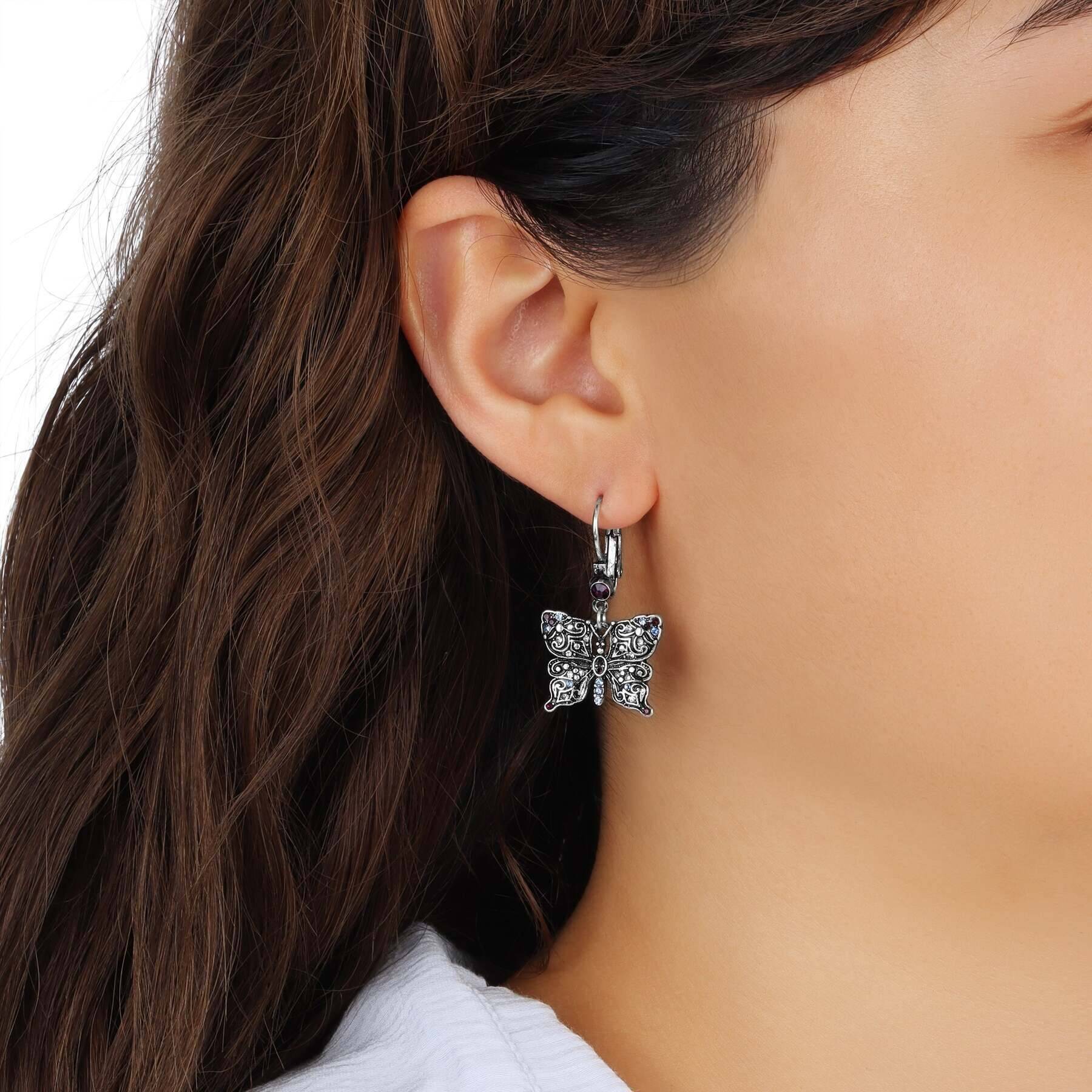 Regency Antiqued Butterfly Multi Color Crystals Drop Earrings