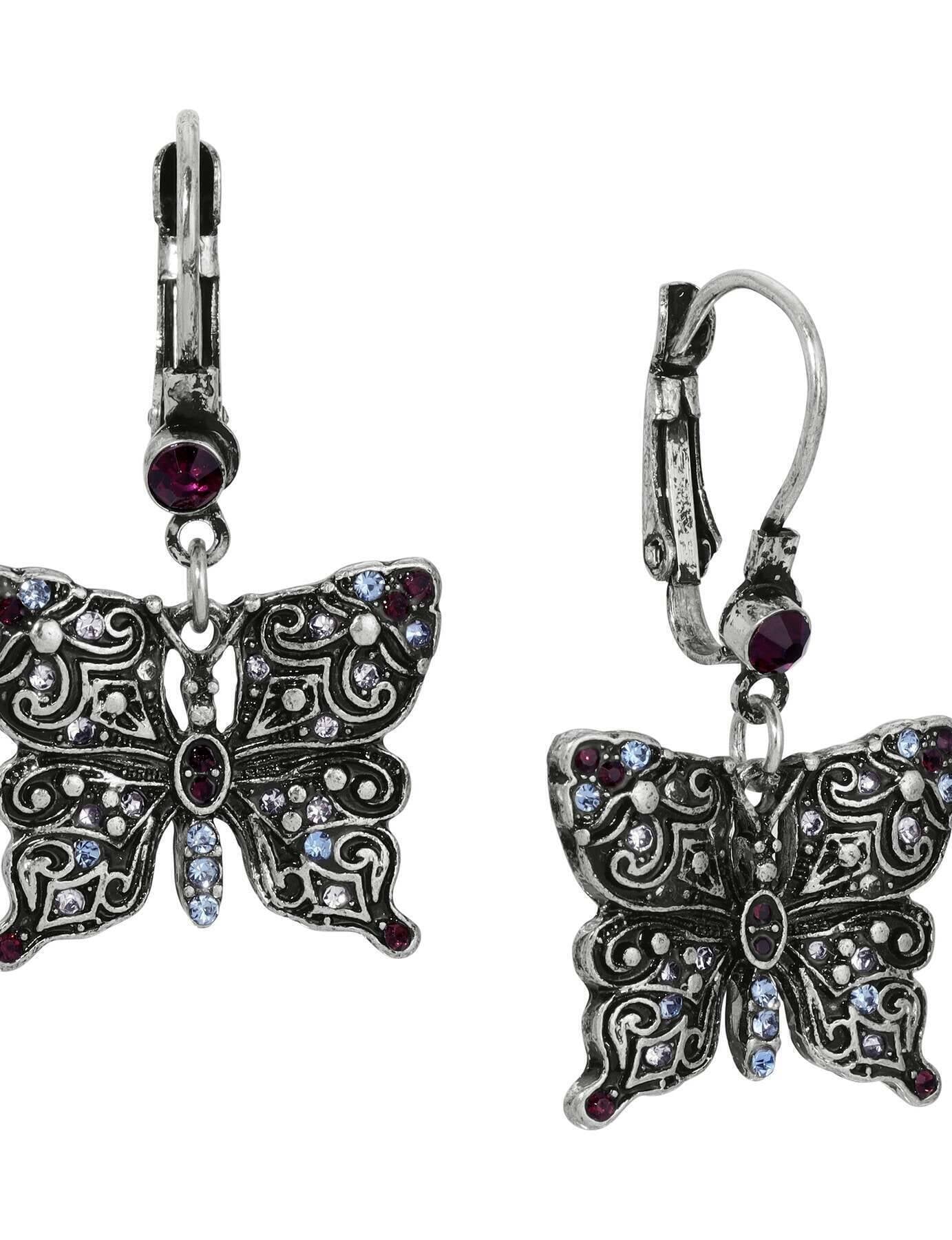 Regency Antiqued Butterfly Multi Color Crystals Drop Earrings