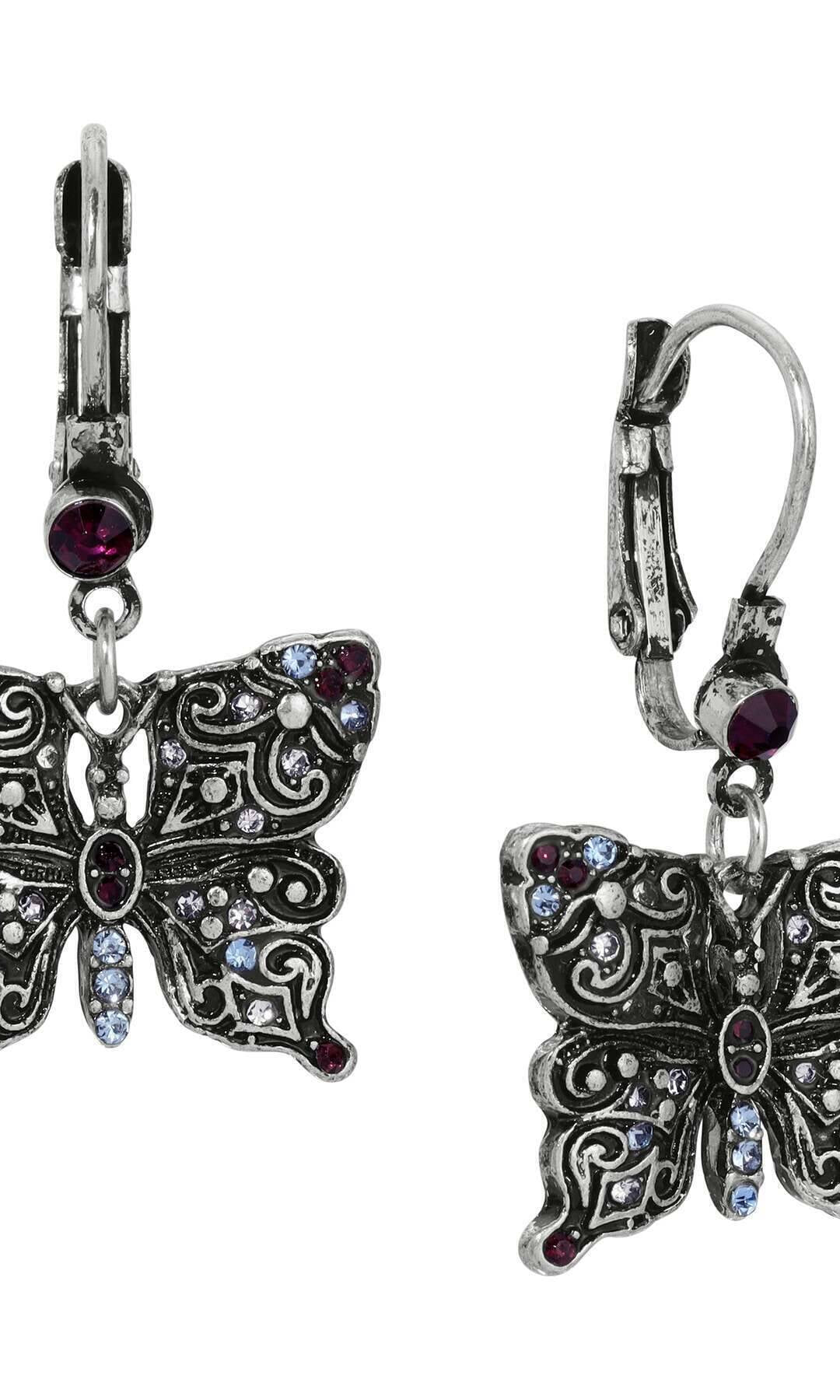 Regency Antiqued Butterfly Multi Color Crystals Drop Earrings